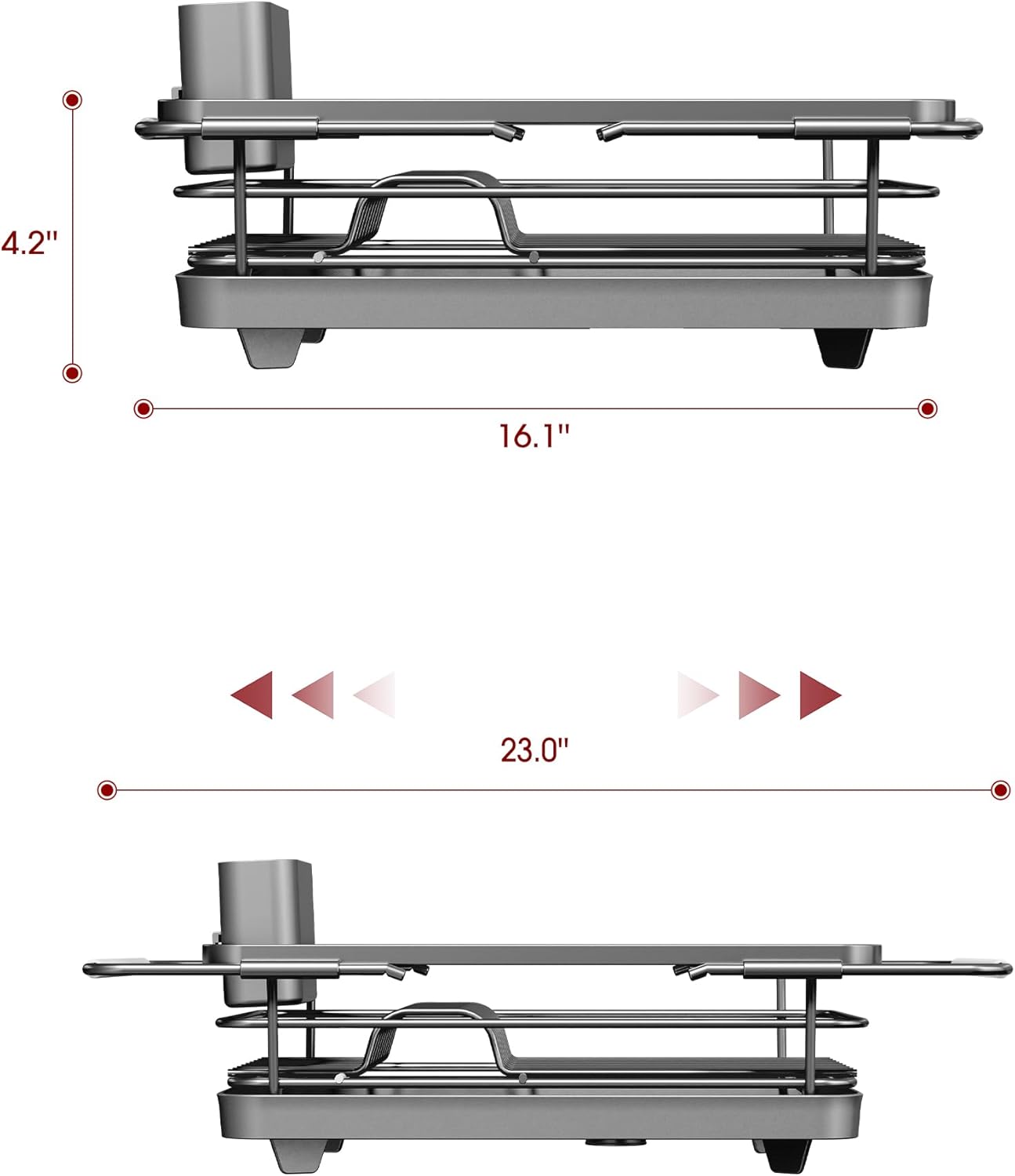 Stainless Steel Dish Drying Rack for Kitchen Counter, Sink Organization and Storage Essentials with Silverware & Utensil Holder, Home and Apartment Decor, 12" W x 16.1~23" L, Silver
