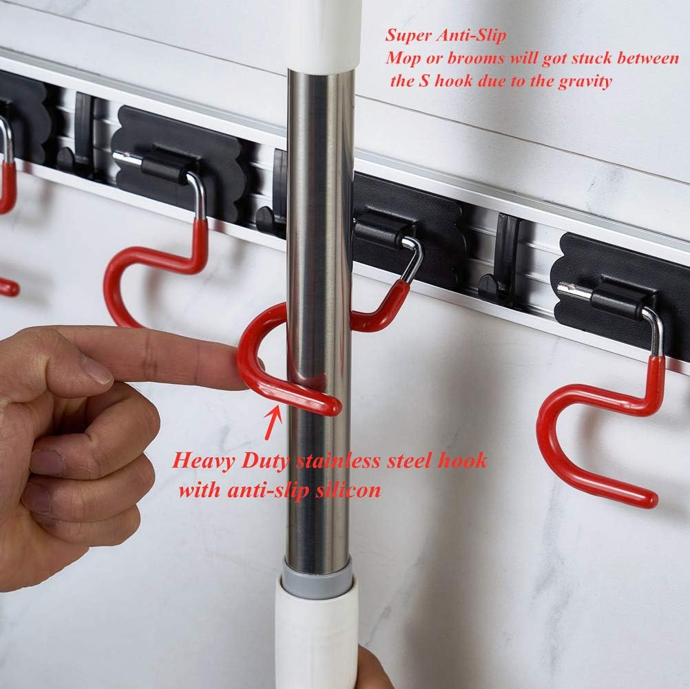 QBOSO Wall Mounted Mop and Broom Holder Stainless Steel S Type Broom Rack Anti-Slip Mop Organizer (17 Inches,4 Positions 3 Hooks, Red black) (17inch)