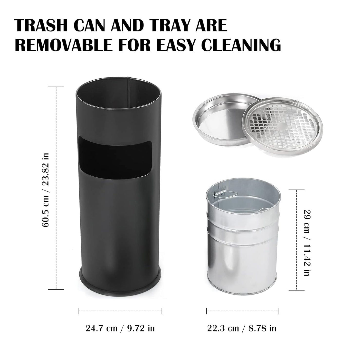 Trash Can Outdoor Waste Container Round Stainless Steel Trash Can with Removable Inner Bucket for Disposal Commercial Waste Container 9.8 x 24-Black