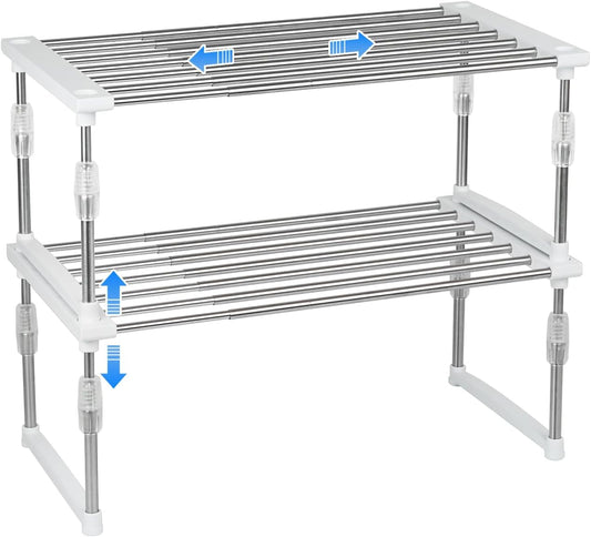 carrotez 2 Pack Expandable Cabinet Organizer, Set of 1 Width & Height-Adjustable Kitchen Cabinet Organizer Shelf, Stackable Kitchen Counter Shelf, 11.8~19.6 x 7.8 x 5.9~9" White