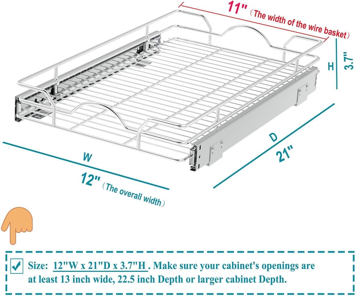 OCG Pull Out Cabinet Organizer (12" W x21 D), Pull out Shelves for Kitchen Cabinets, Slide Out Drawers for Base Cabinet Organization in Kitchen Bathroom Pantry, Bottom Mount, Chrome Finish
