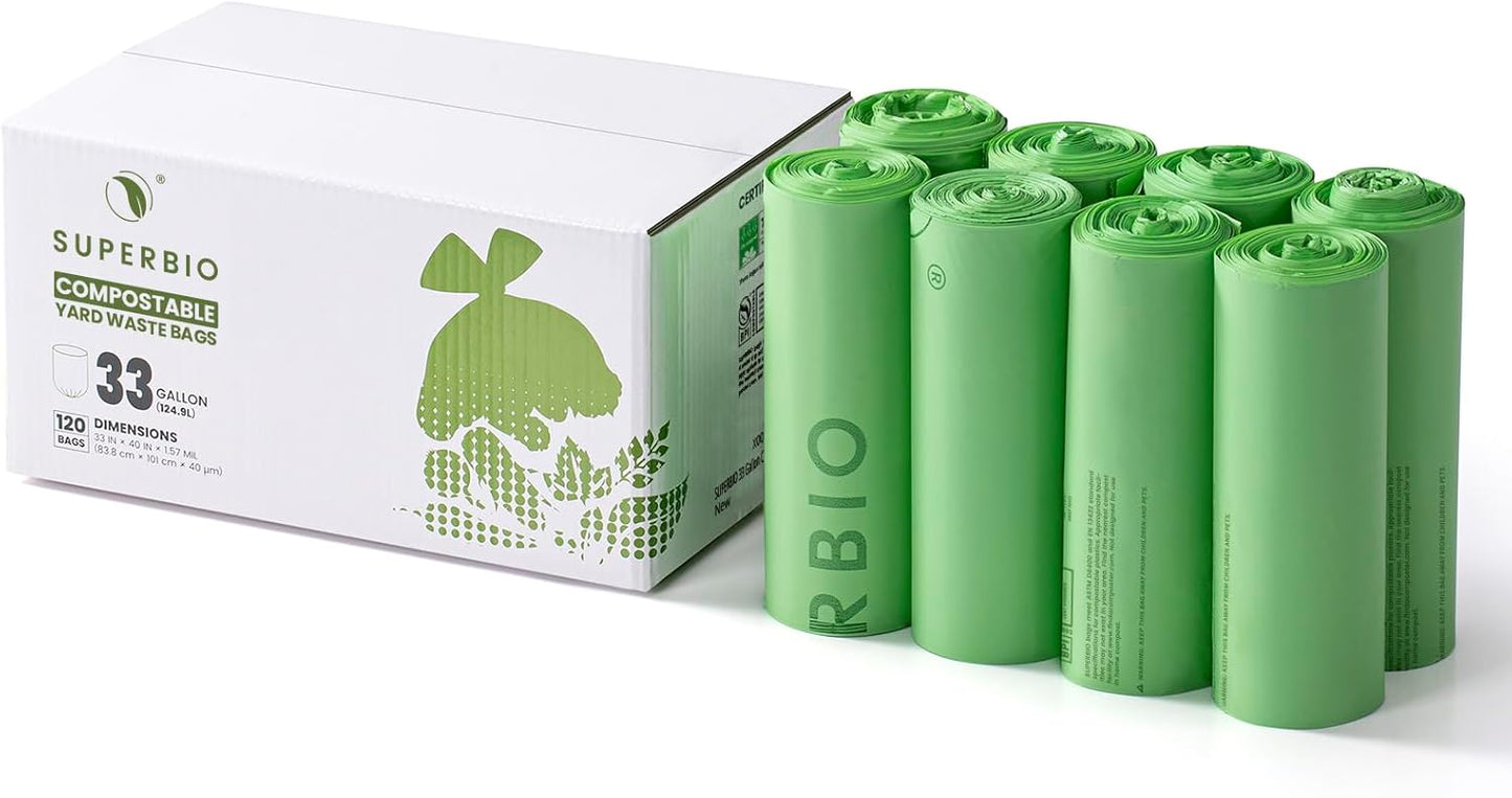 SUPERBIO 33 Gallon Compostable Yard Waste Bags, Lawn & Leaf Bags, Extra Thick 1.57 Mil (120 Count Bulk), BPI and OK compost INDUSTRIAL