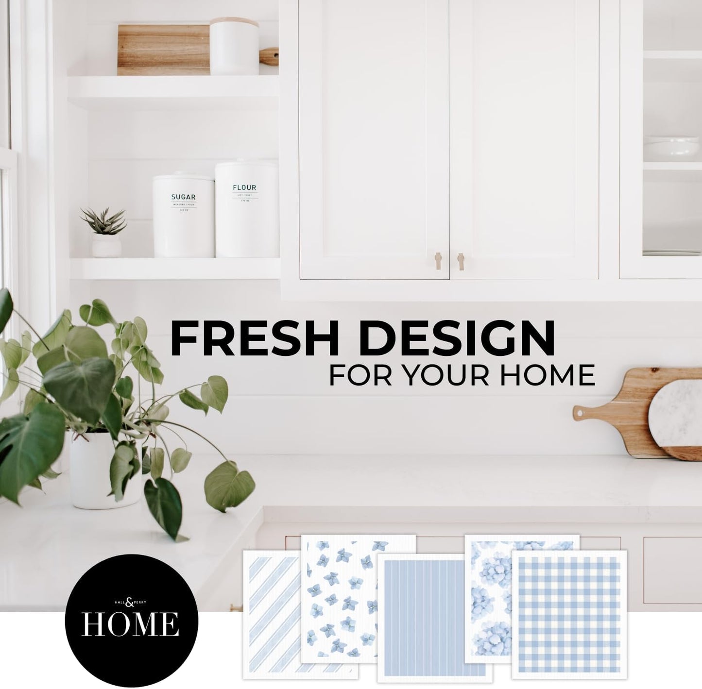 HALL & PERRY Swedish Dishcloths for Kitchen, 5-Pack, Reusable Cellulose Sponge Cloths for Kitchen & Cleaning – Eco-Friendly, Ultra-Absorbent, Quick-Drying (Floral Blue)