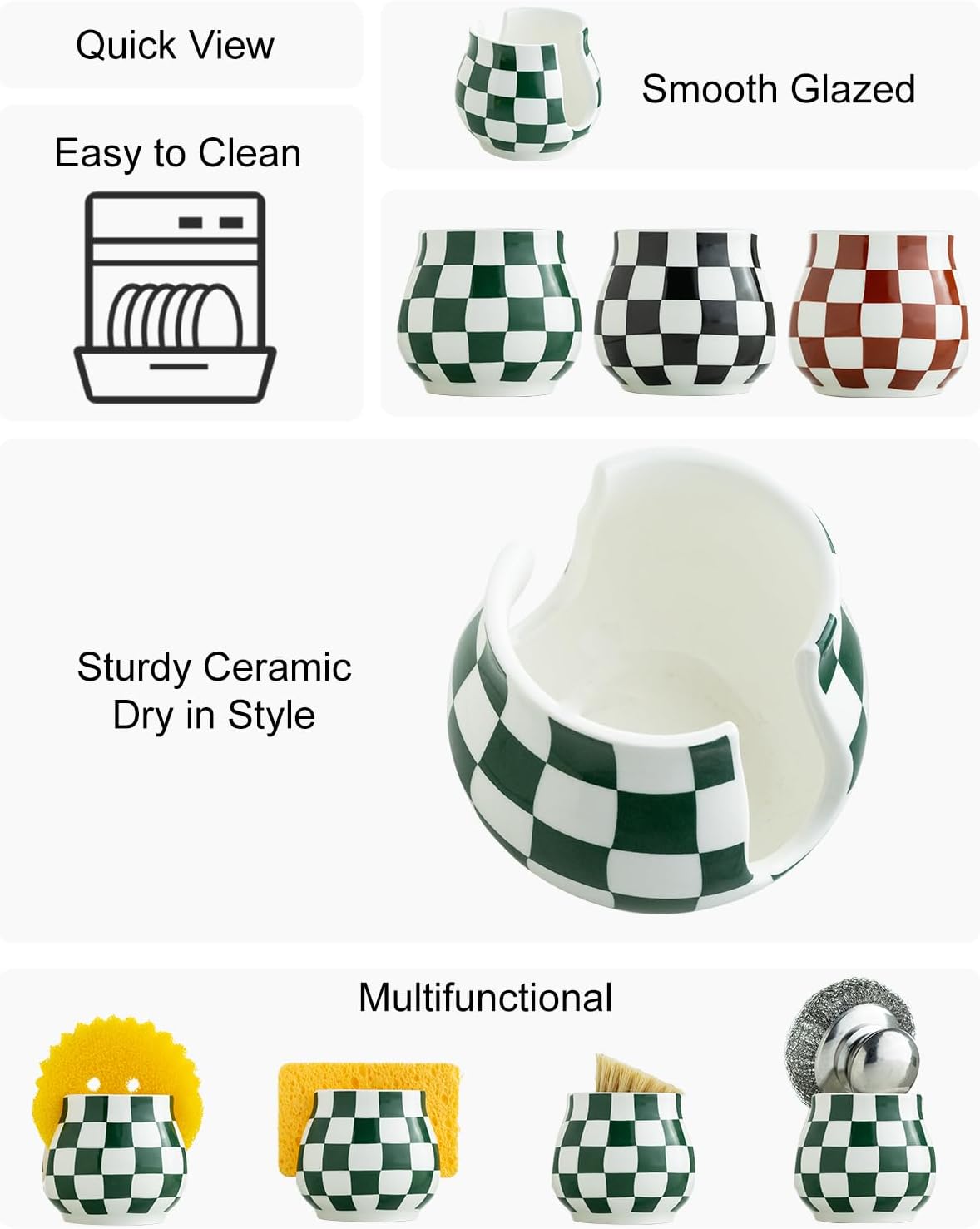 Kitchen Sponge Holder, Ceramic Sponge Organizer Checkered Scrubby Holder Sink Caddy Scrub Dish Rack for Kitchen, Bathroom, Sink Decor, Green and White