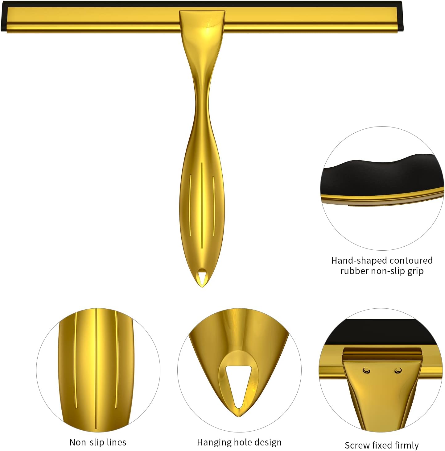 Shower Squeegee Set, 10-Inch Stainless Steel Squeegee for Bathroom, Shower Doors, Mirrors, Tiles, and Car Windows - 100% Streak Free, Includes Shower Door Hook, Adhesive Hook and Spare Silicone Blade