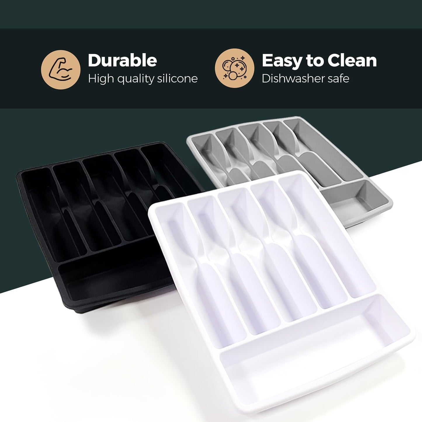 Silicone Silverware Drawer Organizer – Non-Slip Utensil Holder for Kitchen Drawers | Cutlery Tray for Forks, Knives, Spoons & More | Durable, BPA-Free, Easy to Clean – White