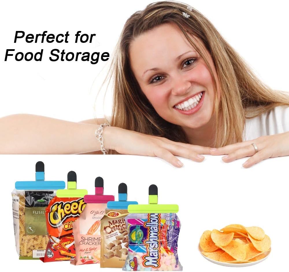 Large Chip Clips Food Clips Bag Sealing Clips with Good Grips Plastic Heavy Duty Air Tight Seal Grip Assorted Colors for Coffee Potato and Food Bags (6 Pcs)