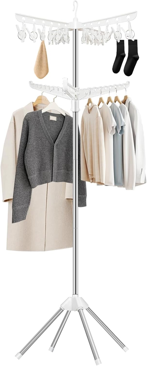 SUYU Clothes Drying Rack,Folding Clothes Drying Tree, 2 Layer with 24 Clips and 3 Rotatable Arms,66.9-Inch Indoor Clothes Rack,Stainless Steel,4 Legs,White and Silver SNJ102