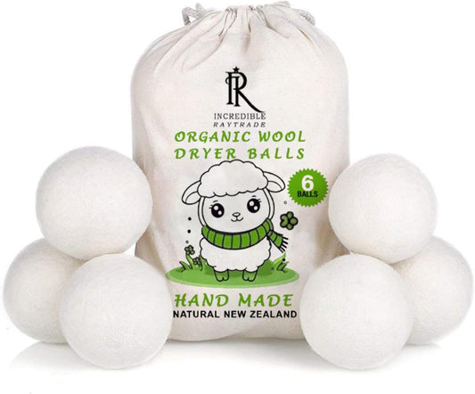 RAYTRADE Wool Dryer Balls 6-Pack 100% Made of Organic New Zealand Wool Reduces Clothing Wrinkles and Saves Drying Time Reusable Natural Fabric Softener Stocking Stuffer Gifts