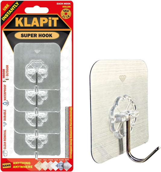 KLAPiT Super Hook - Heavy-Duty Adhesive Wall Hooks, Holds Up to 11 lbs, Waterproof, No Damage, Easy Install on Tile, Wood, Stone, Glass & Metal - Made of Steel (Silver, 4pc)