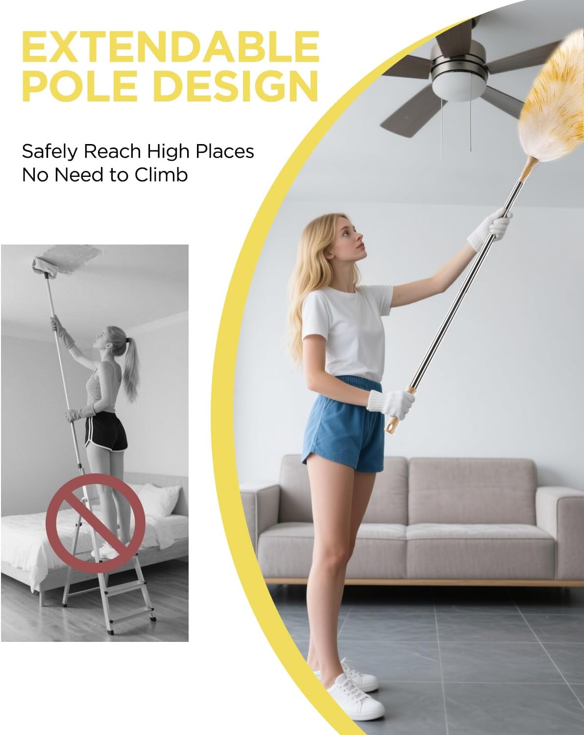 Extendable Lambswool Duster 30-100 Inch, Stainless Steel Long Handle Duster, Natural Feather Duster for Cleaning High Ceilings, Fans, Bookshelves, Interior, Cars, Brown