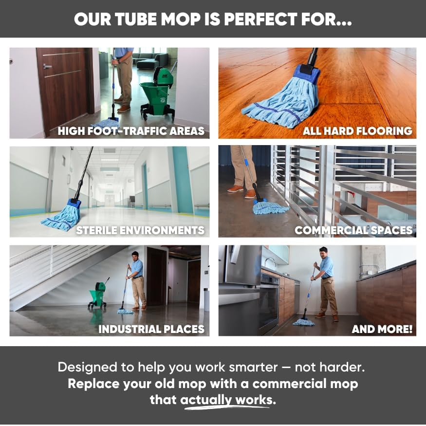 Commercial Mop Head Replacement – 1 Pack Blue Medium Microfiber Tube Mop (14 oz.) | Industrial Wet Mops | Refill Heads, Machine Washable, Heavy Duty | Hardwood, Tile, Laminate, Vinyl Floors