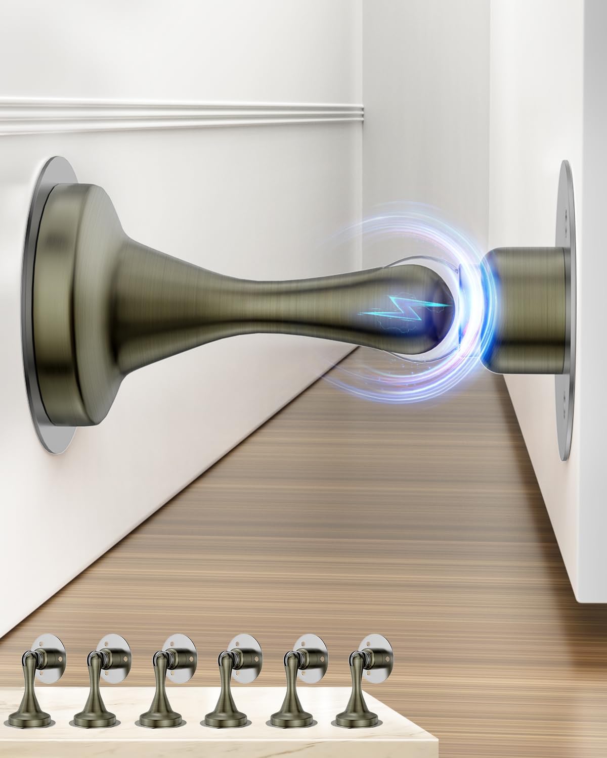 Door Stoppers Magnetic Door Catch - 6 Pack Stainless Steel Heavy Duty Door Stops for Bottom of Door, Wall & Floor Mounting No-Drill Strong Adhesive & Screws, Strong Door Holder to Keep Door Open