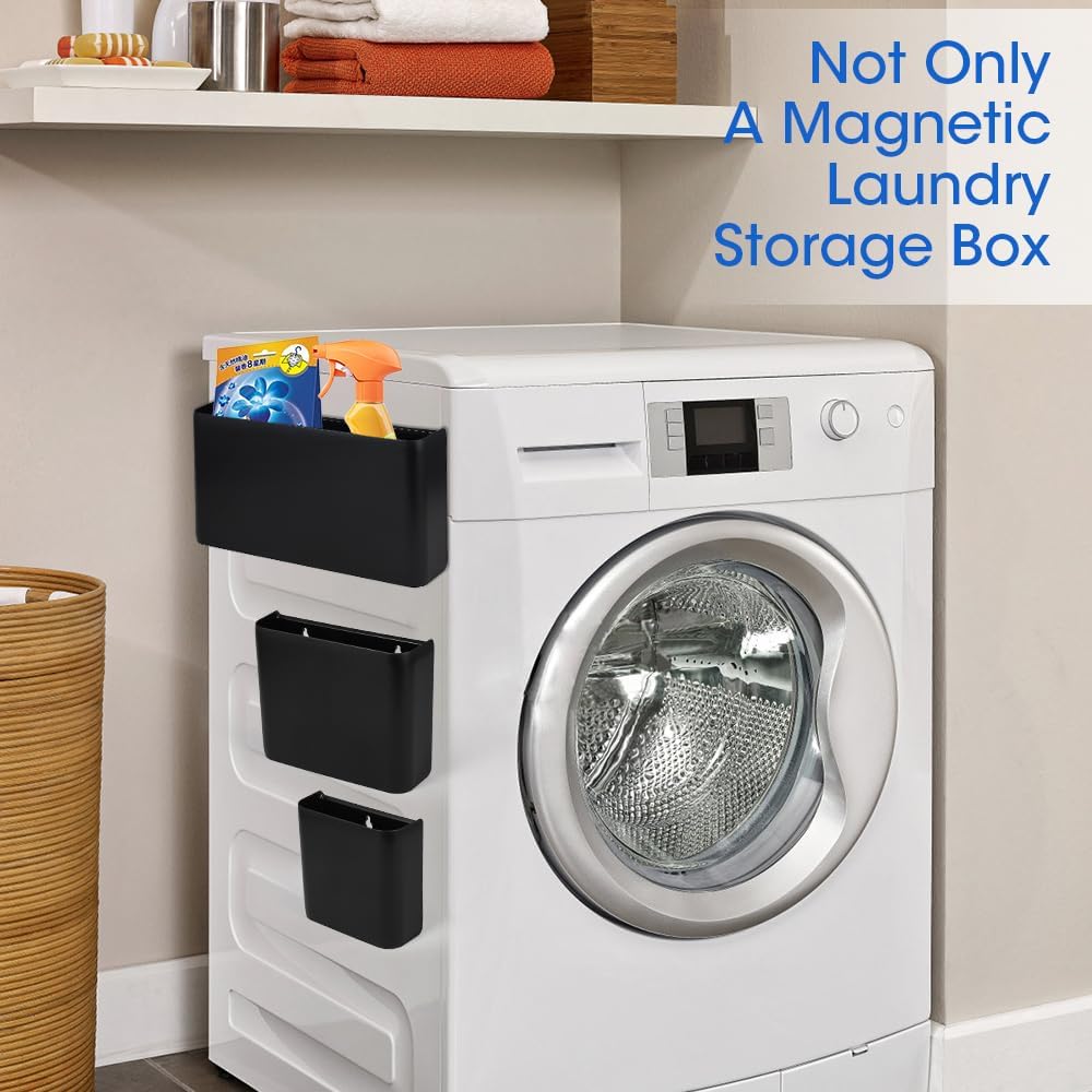 Picowe 3 PCS Magnetic Laundry Storage, Magnetic Storage Box for Laundry Room, Kitchen, Bathroom, Office, Space-Saving Trash Container Hanging on Dryer, Washer or Wall Mount Trash Bin (Black)