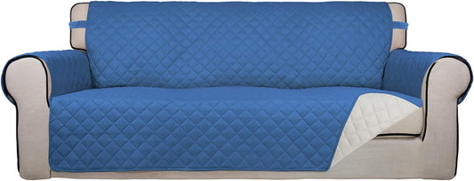 PureFit Reversible Quilted Sofa Cover, Water Resistant Slipcover Furniture Protector, Washable Couch Cover with Non Slip and Elastic Straps for Kids, Dogs, Pets (Sofa, Blue/Ivory)