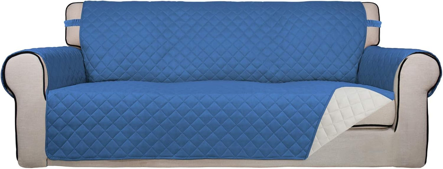 PureFit Reversible Quilted Sofa Cover, Water Resistant Slipcover Furniture Protector, Washable Couch Cover with Non Slip Foam and Elastic Straps for Kids, Dogs, Pets (X Large, Blue/Ivory)