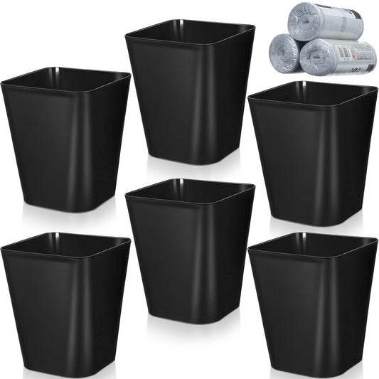 Eccliy 6 Pack Plastic Trash Can with 3 Rolls of Trash Bags Small Wastebasket Garbage Bin Container for Bathroom, Bedroom, Home Office, Living Room, Kitchen (Black)