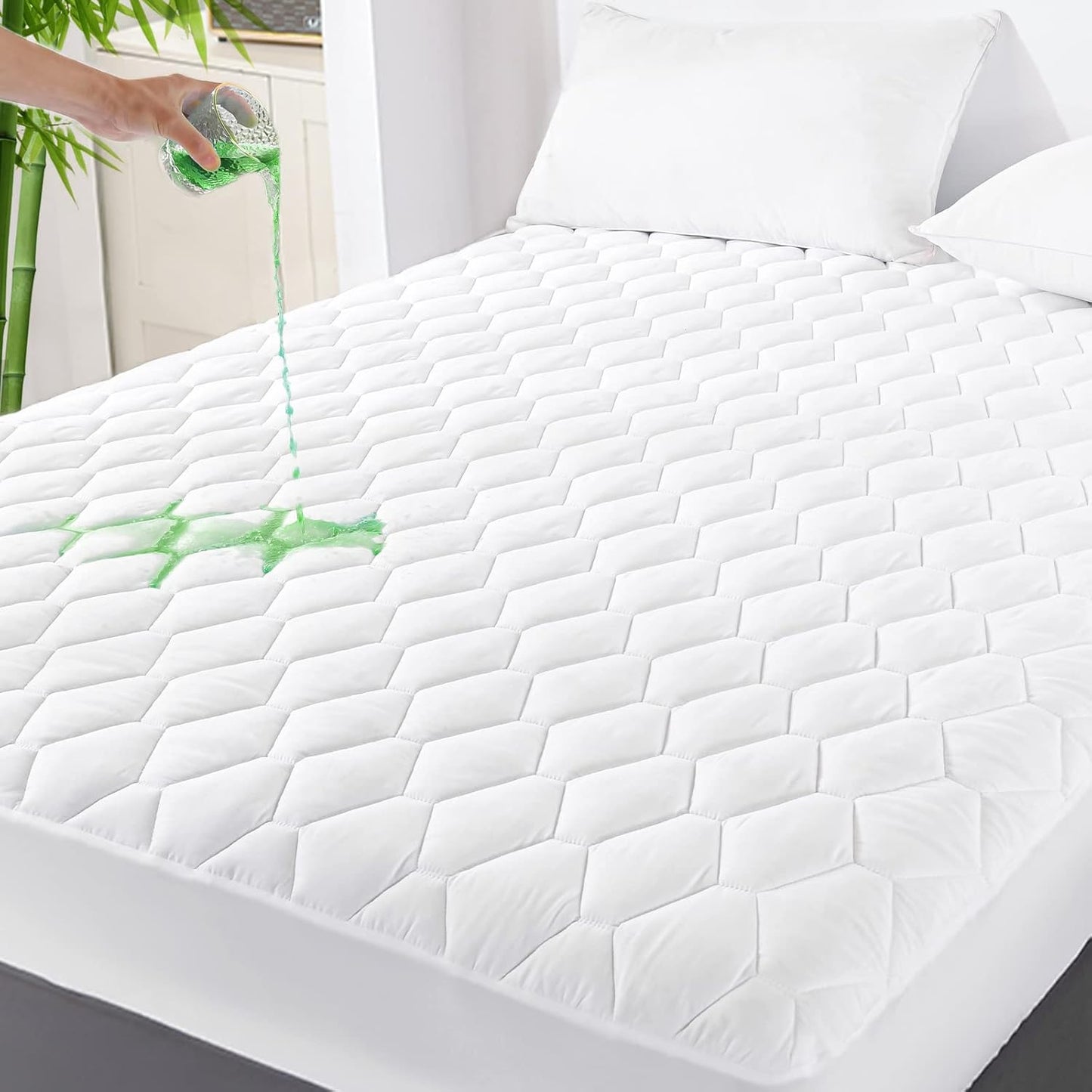 GRT Full Mattress Protector Waterproof, Rayon from Bamboo, Cooling Quilted Fitted Mattress Pad, Noiseless Waterproof Mattress Cover, fits up to 18" Deep, Dust Proof White