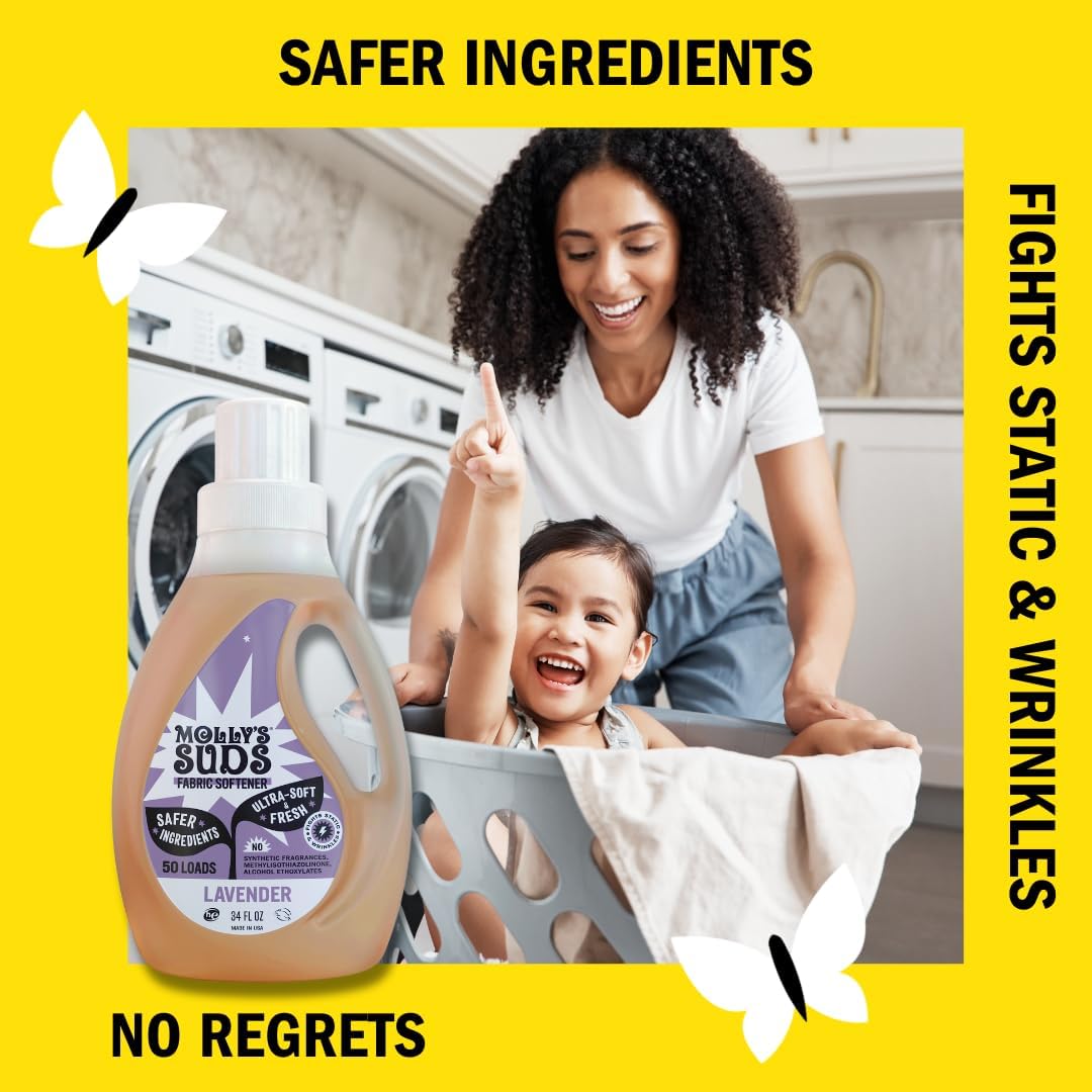 Molly’s Suds Fabric Softener Liquid for Sensitive Skin | Vinegar-Powered, Infused with Essential Oils | Fights Static, Reduces Wrinkles, Deodorizes | Lavender, 50 Loads