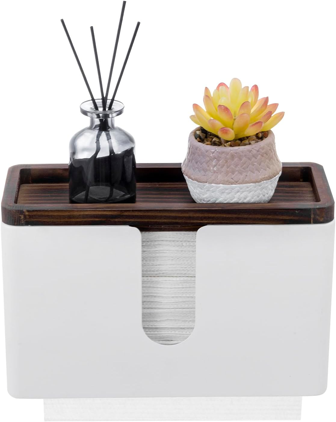 MyGift Deluxe Modern Matte White Metal Folded Commercial Paper Towel Holder with Rustic Burnt Solid Wood Tray Lid, Wall Mounted Trifold Multifold Z Fold Disposable Napkin Dispenser