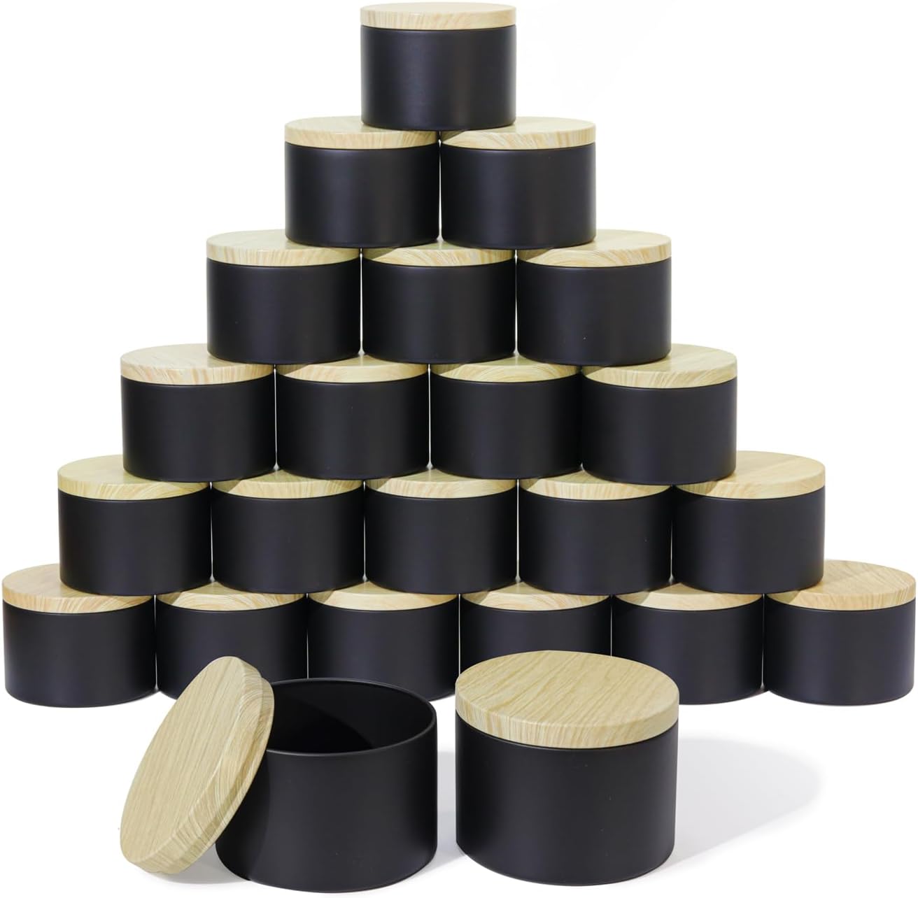 Aroparc Candle Tins 8oz with Lids, 24 Pack Seamless Candle Containers for Candle Making Supplies Empty Candle Jars - Wood Grain Lids Black Tins