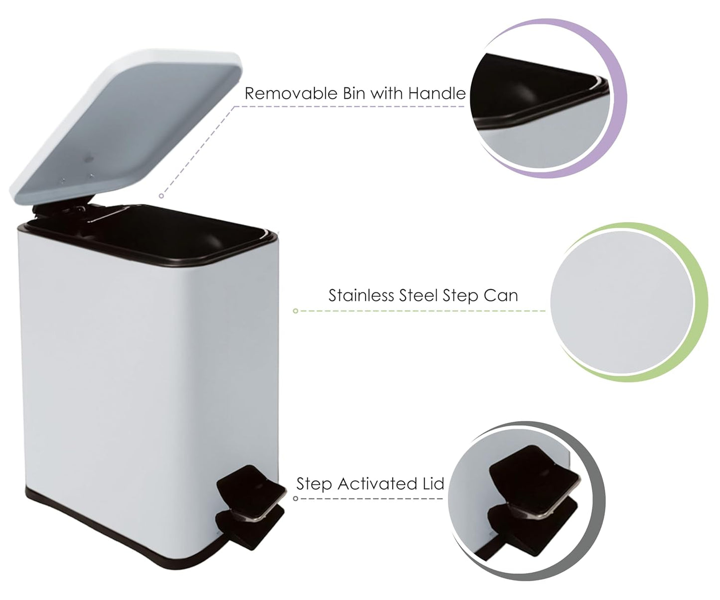 Stainless Steel Small Trash Can with Lid & Step Pedal - 6 Liters/1.6 Gallon Soft Close Garbage Can with Removeable Inner Bucket - Trash Cans for Bathroom, Bedroom, Kitchen & Office (White)
