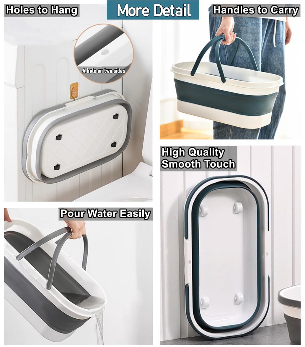 Collapsible Mop Wash Basin Bucket with Handle and Wheels, 12L (3.2 Gallon) Portable Plastic Basket Crate Tub for Storage Organization, Foldable Water Bin Container for Cleaning, Car Washing, Blue