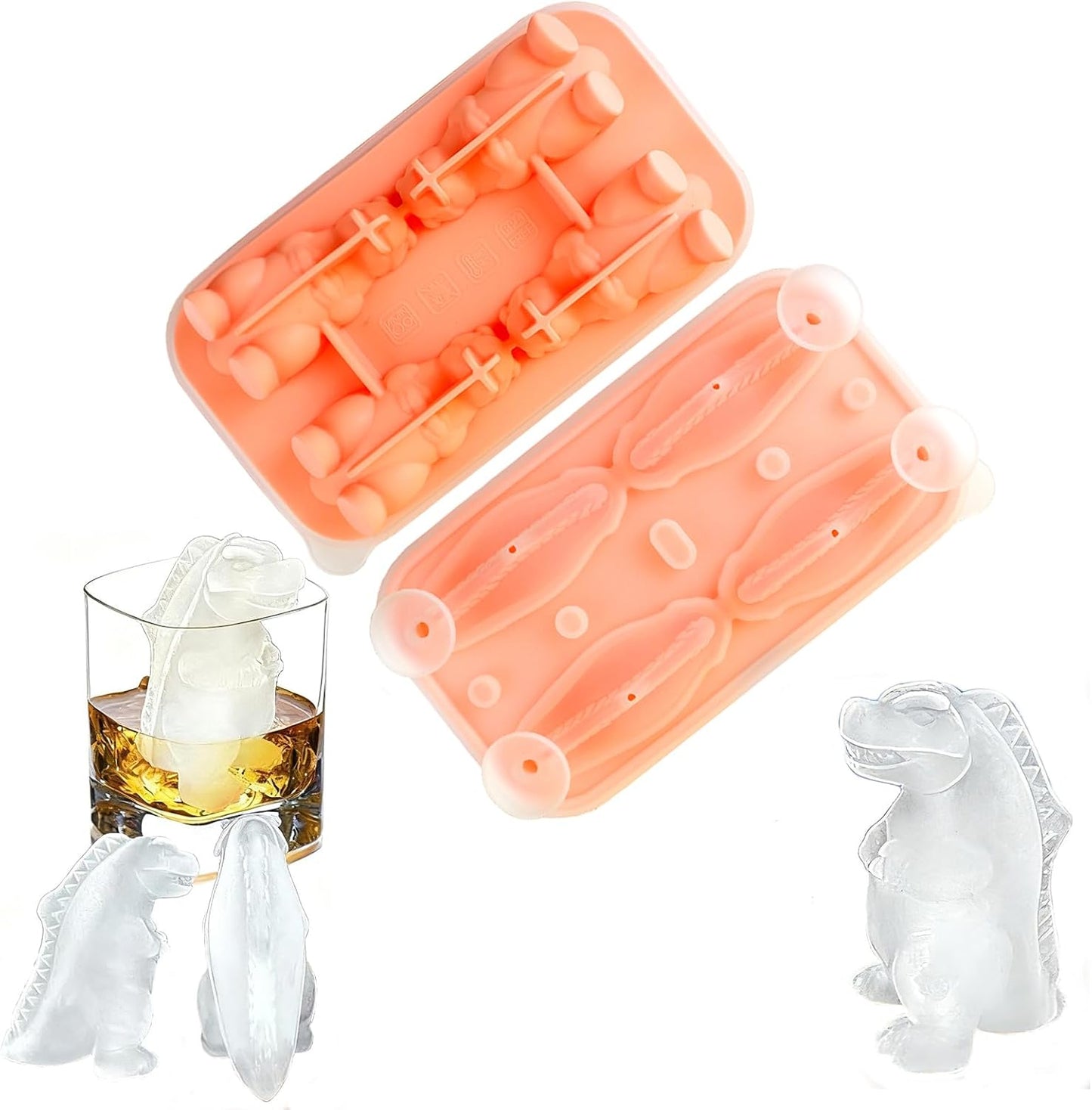 7.48inch Newly Upgraded 4-grid 3D Dinosaur Ice Tray and Covered Silicone Ice Tray, Suitable for Bars, Outdoor and Home Use (1, yellow)
