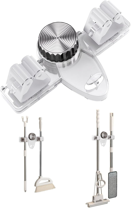 Mop and Broom Holder Wall Mount, No Punching Required Broom and Mop Organizer Wall Hanging with Hooks for Bathroom, Laundry Room, Garage, Kitchen,Garden Tool Organizer Storage (1pcs Transparent)