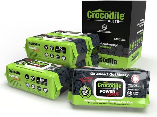 Crocodile Cloth PowerSCRUB Cleaning Wipes – 480 Count (6 Packs of 80 Count) Dual-Surface Cloths, Heavy-Duty, Moist, Absorbent, & Disposable - Safe on Skin & Multiple Surfaces - 15" x 10" XL Wipes