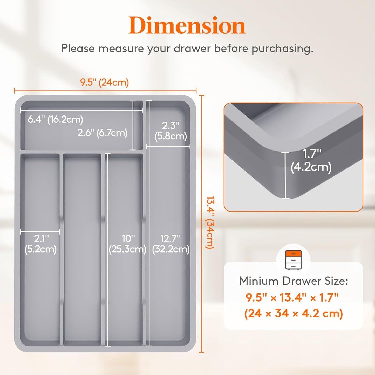 Lifewit Silverware Tray, Deep Wide Cutlery Drawer Organizer Storage for Kitchen, Plastic Flatware Utensil Holder Divider for Spoons Forks Knives Tableware, 5 Compartment, Gray