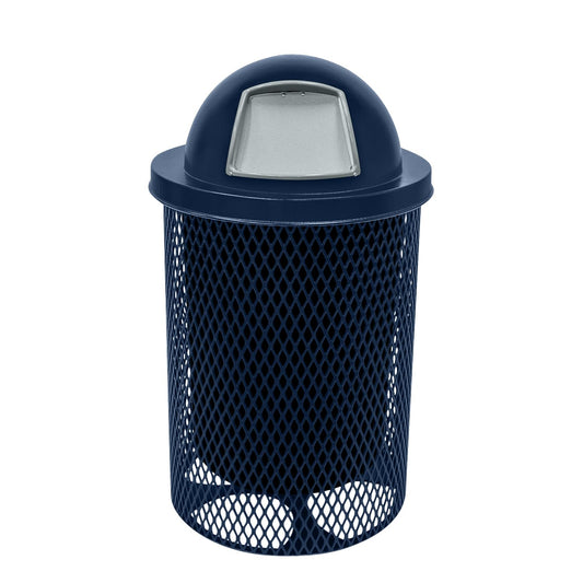COATEDOUTDOORFURNITURE RDT-TXTDBL Heavy Duty 32 Gallon Round Trash Receptacle, Liner Included, Textured Dark Blue with Black Dome, Made in America