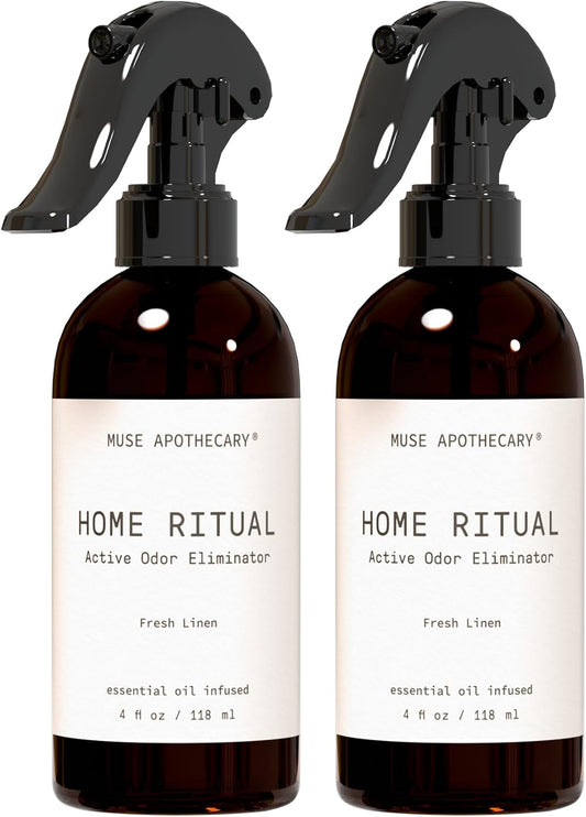 Muse Apothecary Home Ritual Active Odor Eliminator Spray - Furniture Deodorizer Spray & Bathroom Odor Eliminator for Home - Essential Oil Air Freshener - 4oz, Fresh Linen