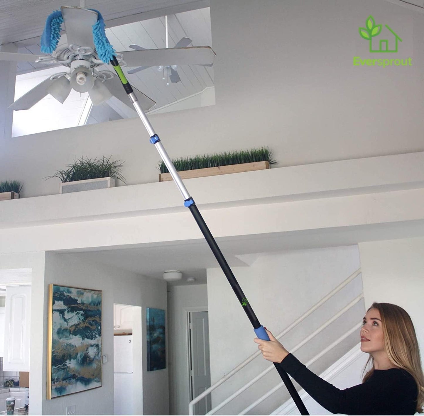 EVERSPROUT 20+ Foot High Reach Flexible Microfiber Ceiling & Fan Duster | Bendable to Clean Any Fan Blade | Removable & Washable Brush Head |5-to-12 Foot 3-Stage Lightweight Aluminum Extension Pole