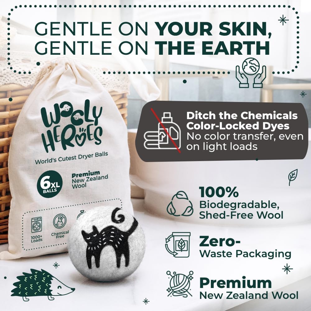 No More Dryer Sheets! Reusable Wool Dryer Balls XL 6-Pack - Reduces Static, Cuts Dry Time, & Softens Naturally
