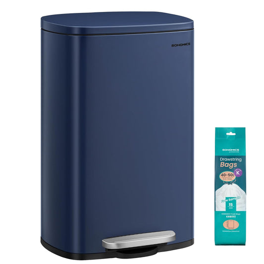SONGMICS 13 Gallon (50 L) Trash Can, Stainless Steel Kitchen Garbage Can, Recycling or Waste Bin, Soft Close, Step-On Pedal, Removable Inner Bucket, Midnight Blue ULTB050L01