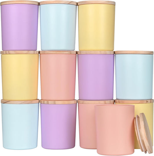 SHOWIN Thick Candle Jars for Making Candles 12 Pcs, 7 OZ Empty Jars with Wood Lids for Candle Making, Sample Container, Colourful