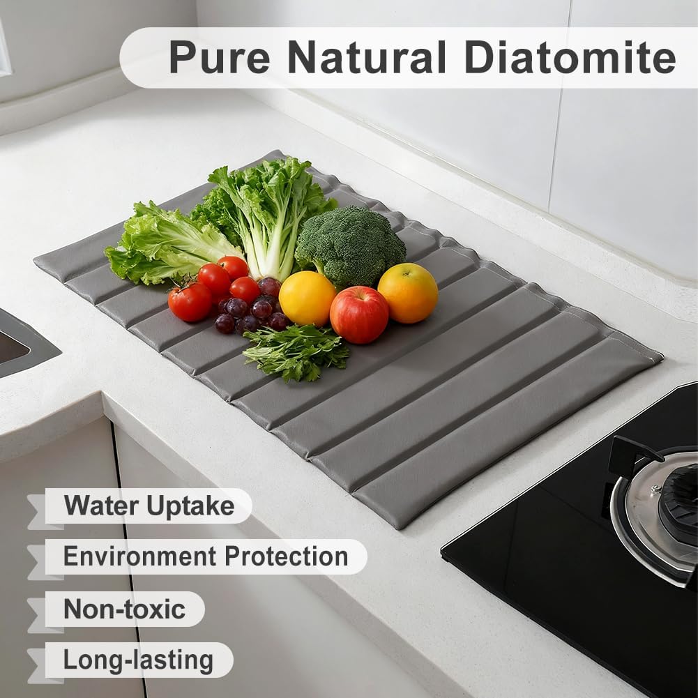 Large Stone Dish Drying Mat for Kitchen Counter, 25.2" × 16.1" Quick Dry Collapsible Diatomaceous Earth Mat with PU Leather, Waterproof Bottom, Absorbent Drying Matt for Dishes Cookware Bottles Cups