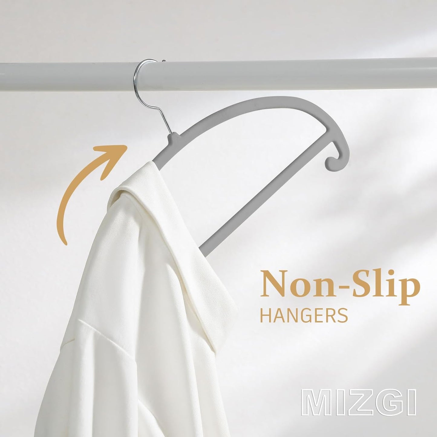 MIZGI 50 Pack Gray Velvet Hangers - No Shoulder Bumps, Heavy Duty Non-Slip Chrome Hooks for Jackets, Coats, Pants