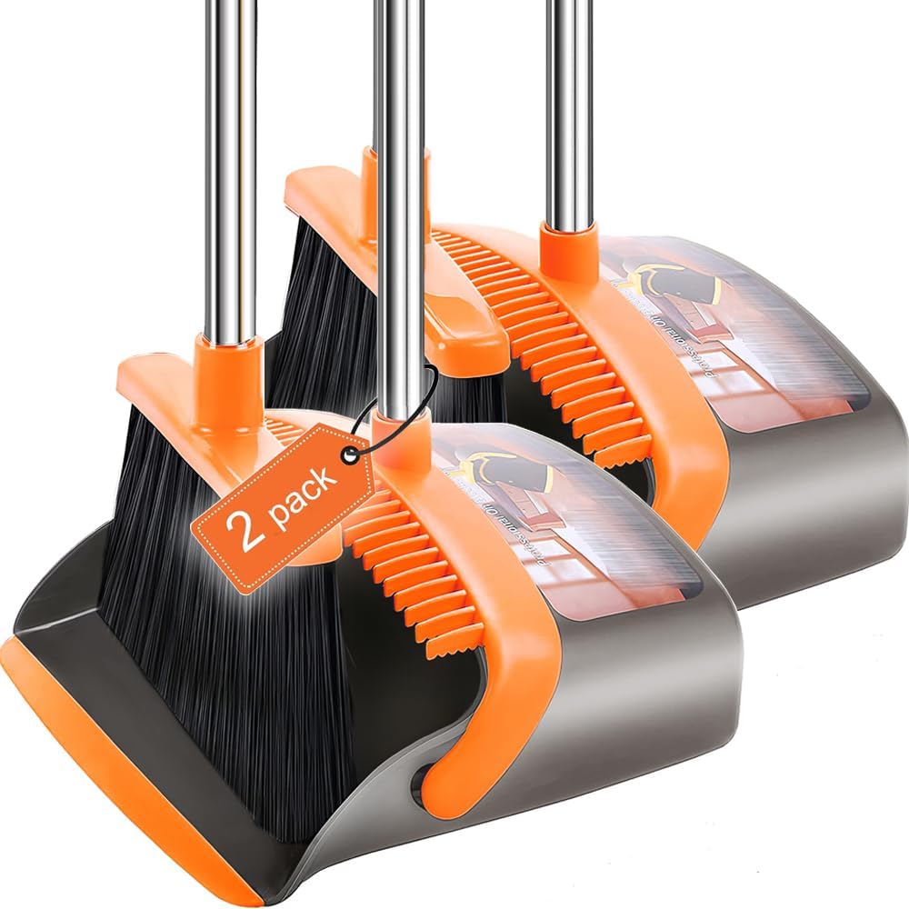 2-Pack is More economical，Upgraded Upright Broom and Dustpan Combo with 52" Long Handle, Dustpan Teeth with self-Cleaning Function, Indoor and Outdoor Sweeping, Perfect for Home Office