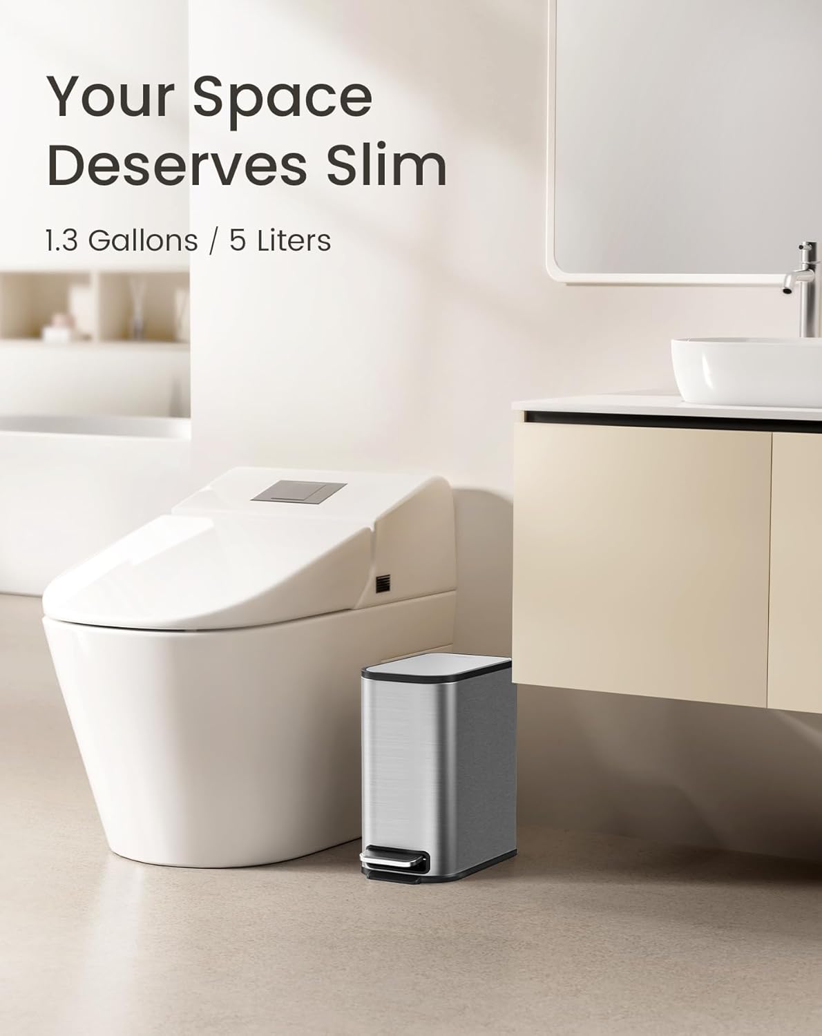 Cesun Small Bathroom Trash Can with Lid Soft Close, Step Pedal, 5 Liter / 1.3 Gallon Stainless Steel Garbage Can with Removable Inner Bucket, Waste Basket for Bathroom, Bedroom (Silver)