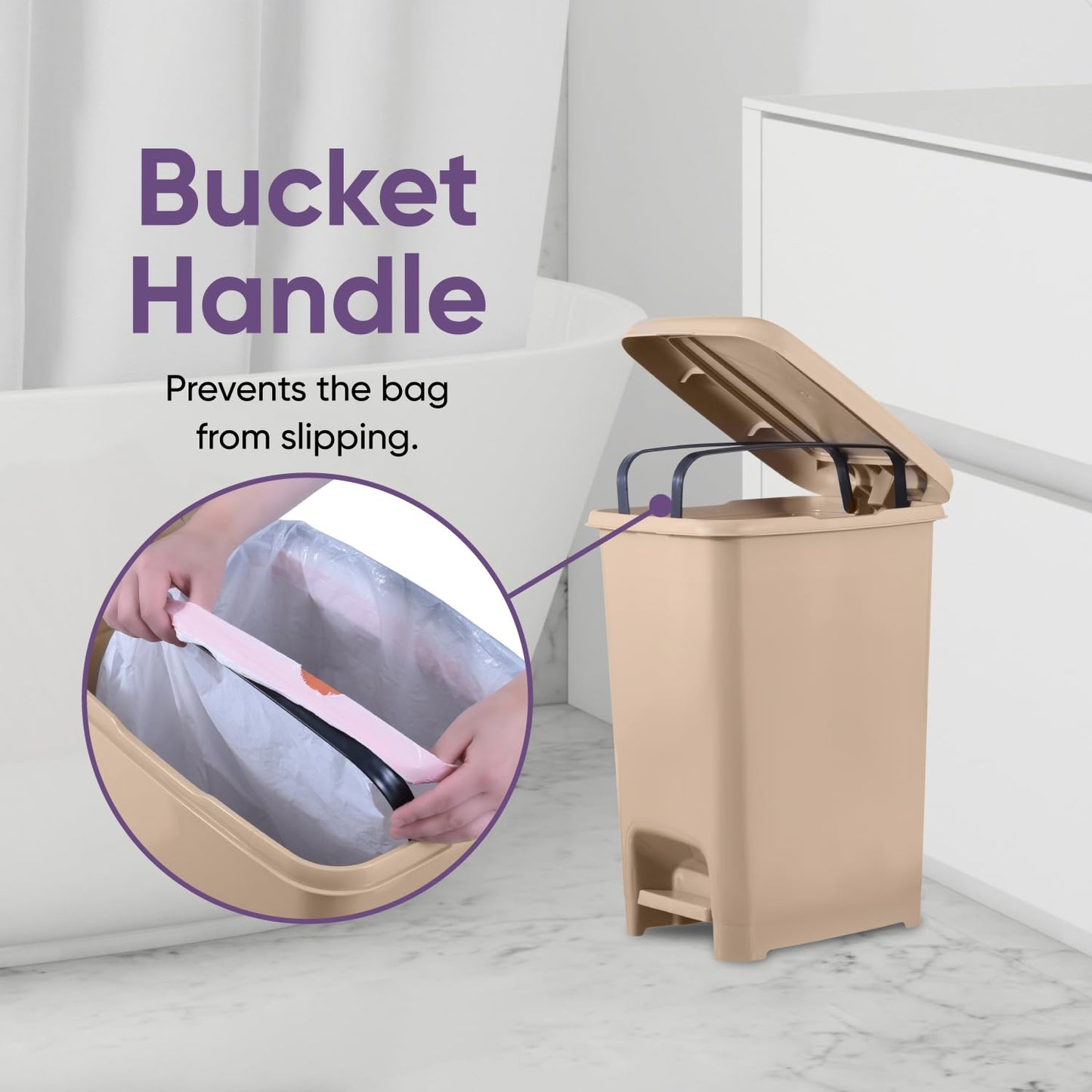 Superio Slim Step On Trash Can, Beige Waste Bin with Foot Pedal Lid 26 Liter, Kitchen, Under Desk, Office, Bedroom, Bathroom (2, 4 Gallon)