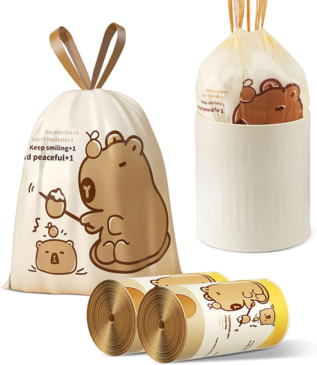 VOK 4 Gallon Trash Bags with Capybara Printed, Drawstring Small Garbage Bags, Tear-Resistant & Odor-Control Bathroom/Kitchen Trash Can Liners, Bathroom Trash Bags with Secure Tie, 100 Counts