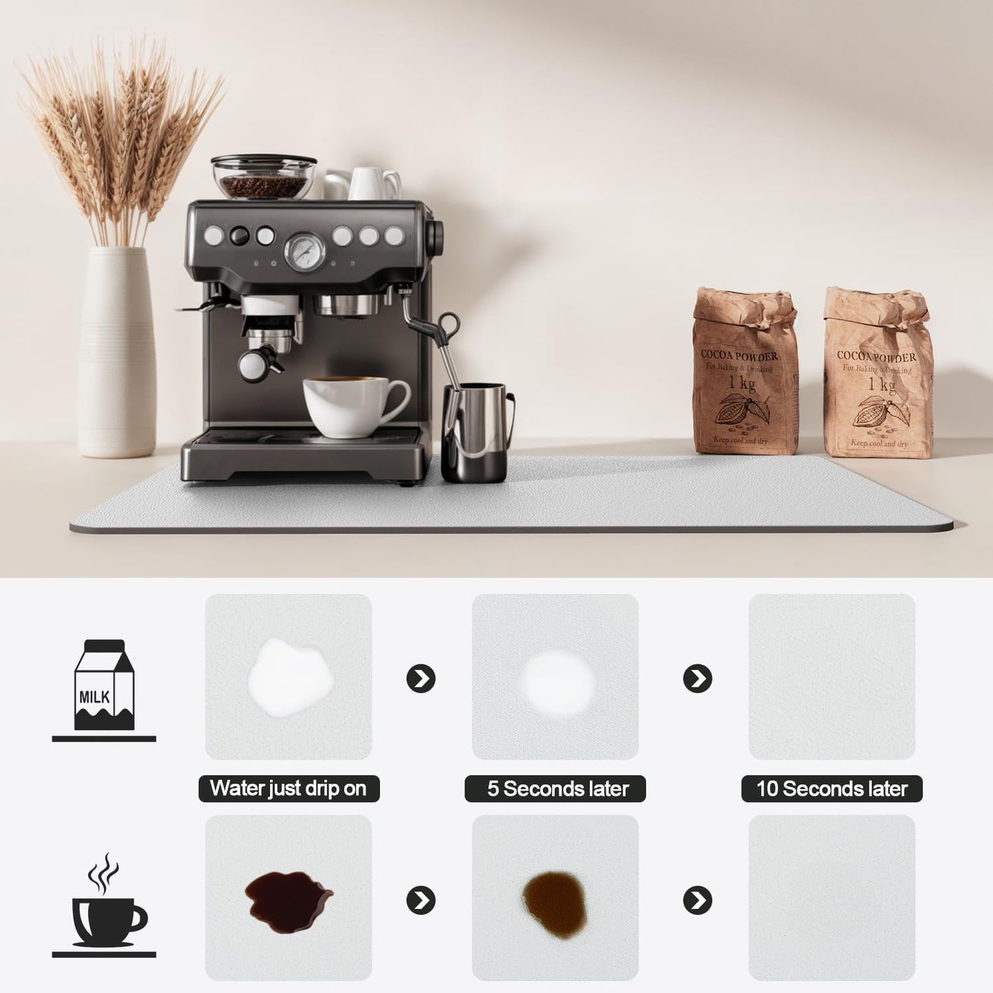 Dish Drying Mat for Kitchen Counter | Coffee Bar Mat for Countertops | Heat Resistant Drainer Mat with Non-slip Rubber Backed | Hide Stain Kitchen Absorbent Draining Mat | Light Grey 16"x24"