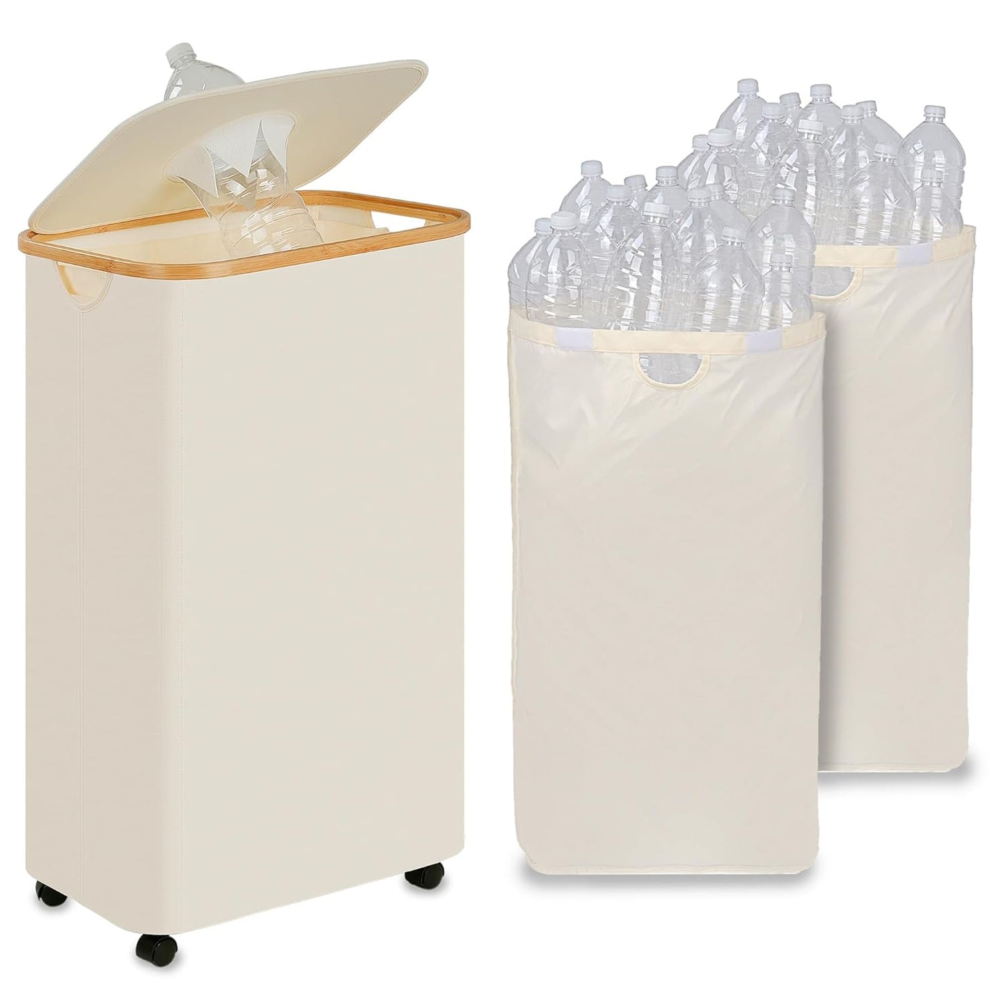 Recycling Bin for Kitchen, Indoor Home Recycle Bins with Wheel, 29 Gallons Large Recycling bin with 2 Removeable Reusable Inner Bags, for Bottles Cans Glass Plastice Cartons(Beige)