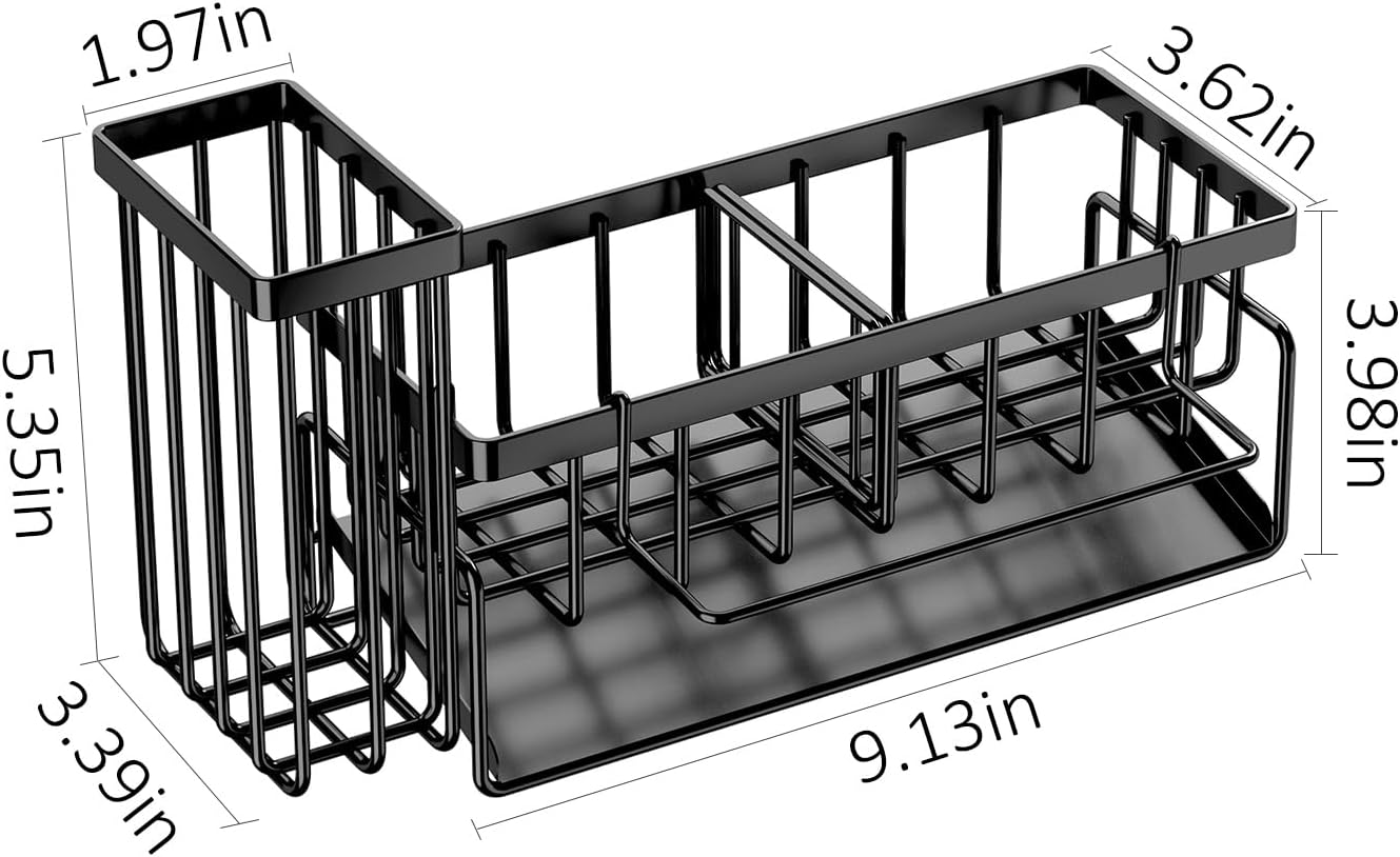 Sponge Holder & Sink Caddy Organizer - Rustproof Kitchen Sink Organizer with High Brush Holder - Kitchen Essentials Countertop Storage Organization (Carbon Black)