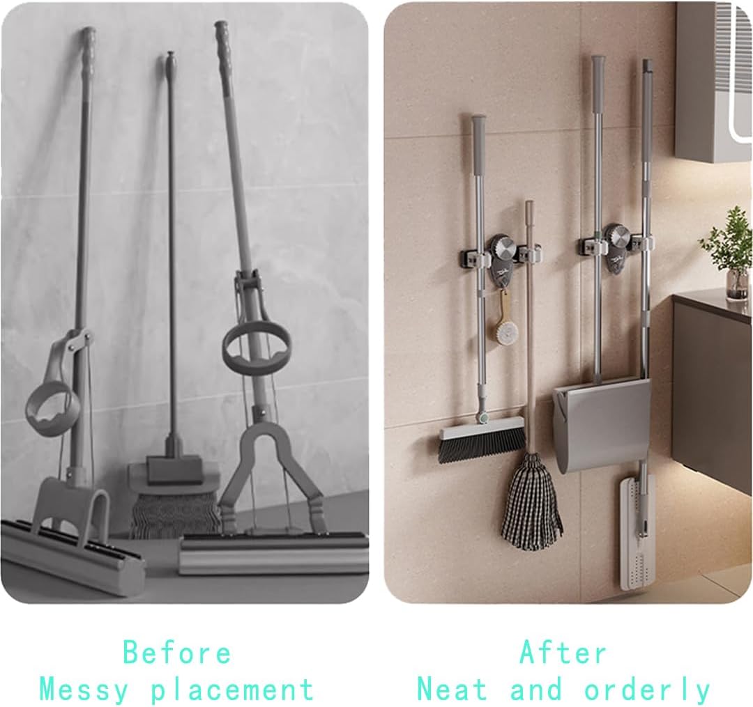 Mop and Broom Holder Wall Mount, No Punching Required Broom and Mop Organizer Wall Hanging with Hooks for Bathroom, Laundry Room, Garage, Kitchen,Garden Tool Organizer Storage (1pcs Transparent)