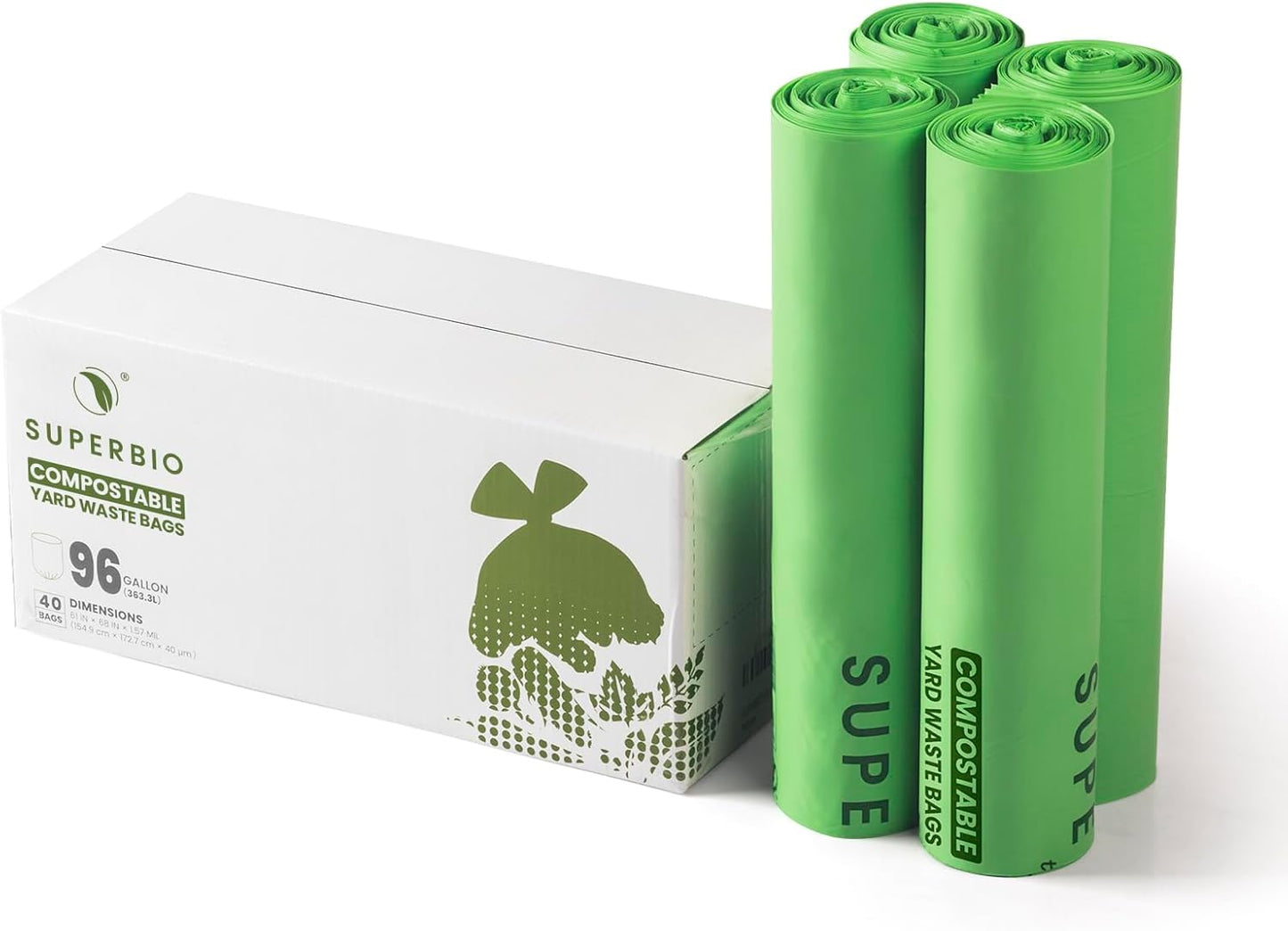 SUPERBIO 96 Gallon Compostable Lawn & Leaf Bags, Extra Thick 1.57 Mil, (40 Count Bulk), Large Yard Waste Bag, ASTM D6400, US BPI and Europe OK compost INDUSTRIAL Certified