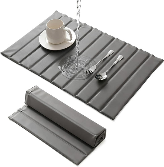 Large Stone Dish Drying Mat for Kitchen Counter, 25.2" × 16.1" Quick Dry Collapsible Diatomaceous Earth Mat with PU Leather, Absorbent Drying Matt for Dishes Cookware Bottles Cups, Waterproof Bottom