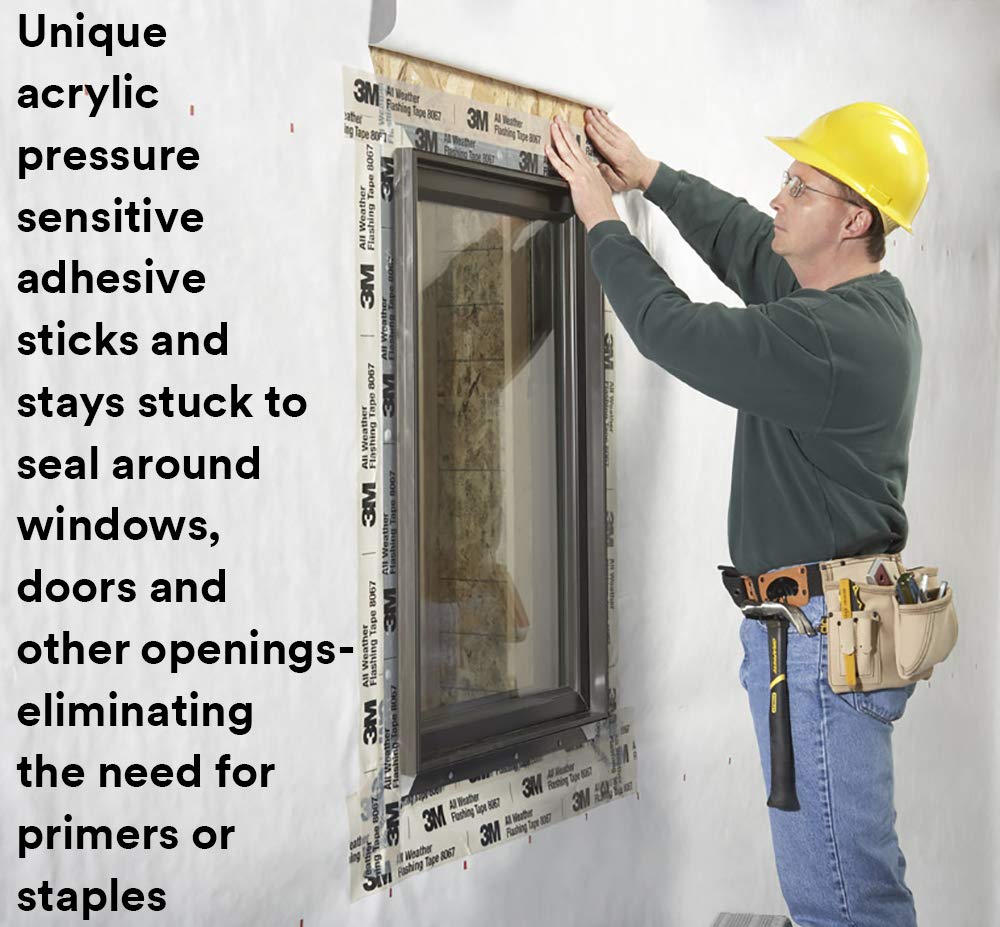 3M All Weather Flashing Tape 8067, 12 in x 75 ft, 1 Roll, Adhesive Backed Split Liner, Prevents Moisture Intrusion, Waterproof Flashing Seals Doors, Windows, Openings in Wood Frame Construction